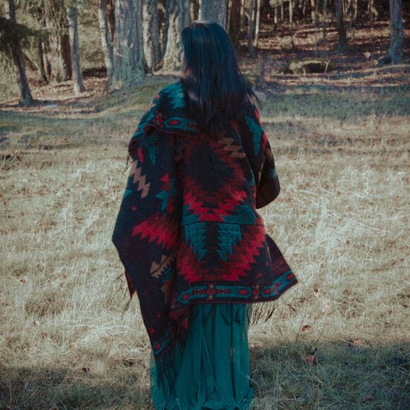 Garage Southwestern Aztec Poncho Wrap Fringe Boho Festival Cape - Picture 4 of 5